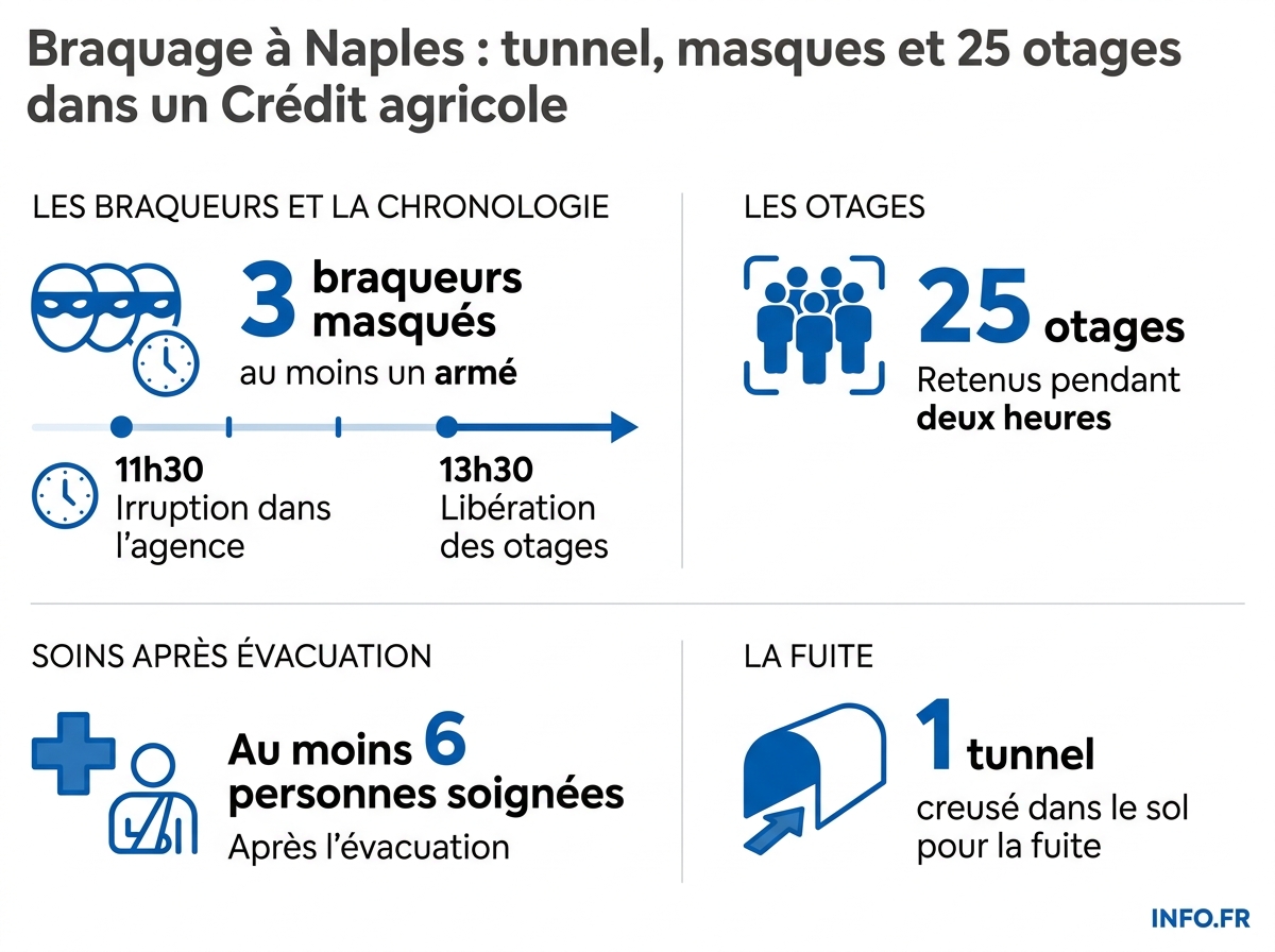 Chiffres clés du braquage du Crédit Agricole de Naples, piazza Medaglie d'Oro, le 16 avril 2026.