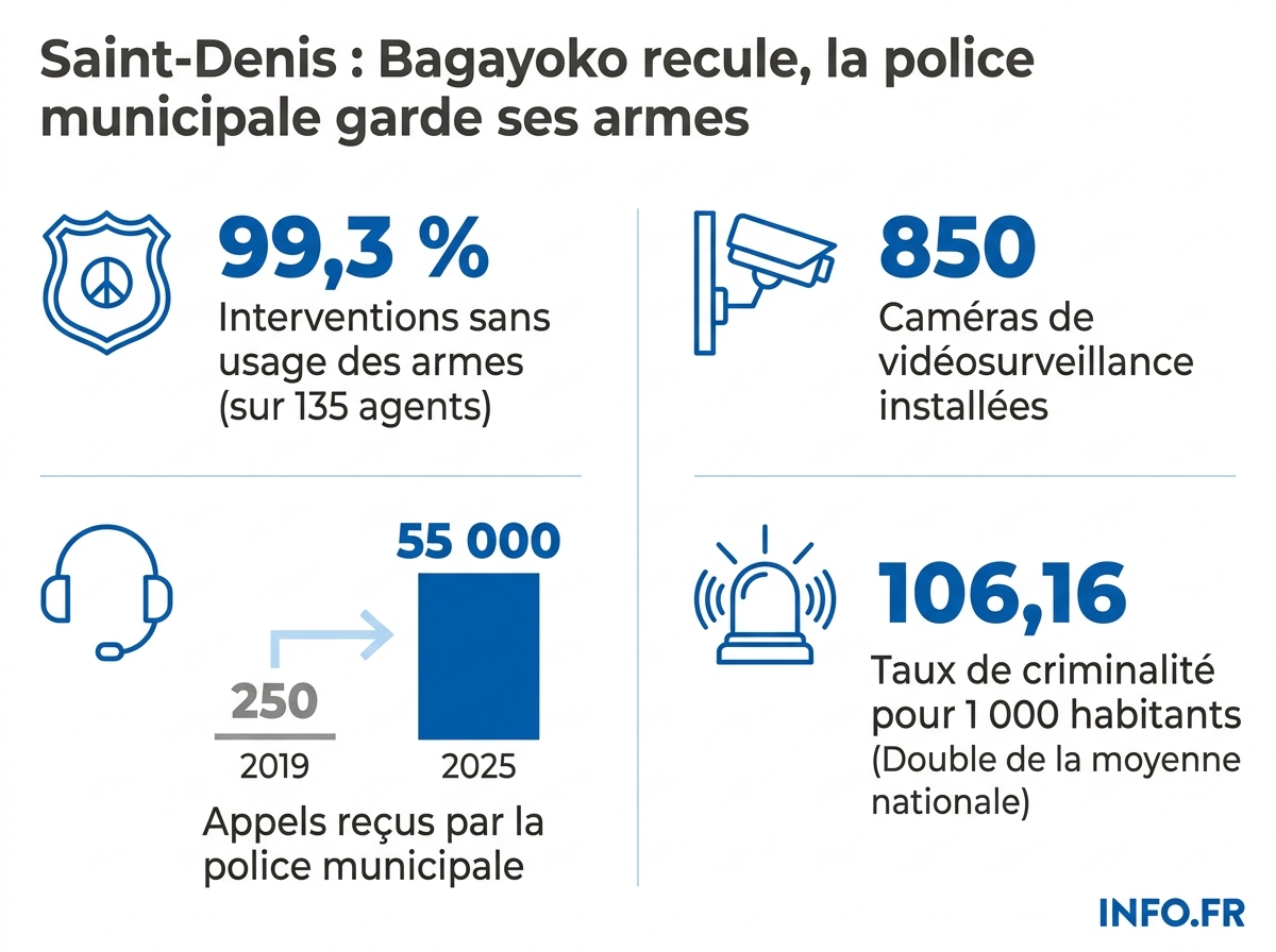 Chiffres clés de la police municipale de Saint-Denis: effectifs, caméras, interventions et taux de criminalité.
