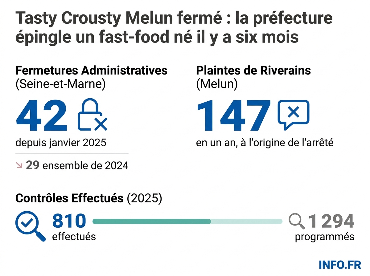 Évolution des fermetures administratives de commerces alimentaires en Seine-et-Marne entre 2024 et 2025, et taux de sanction par contrôle.