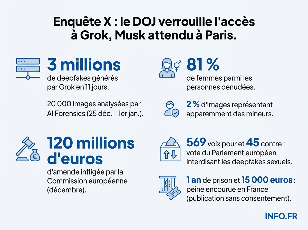 Chiffres clés de l'enquête française sur X et Grok: volume de deepfakes, proportion de victimes féminines, sanctions européennes et cadre pénal français.