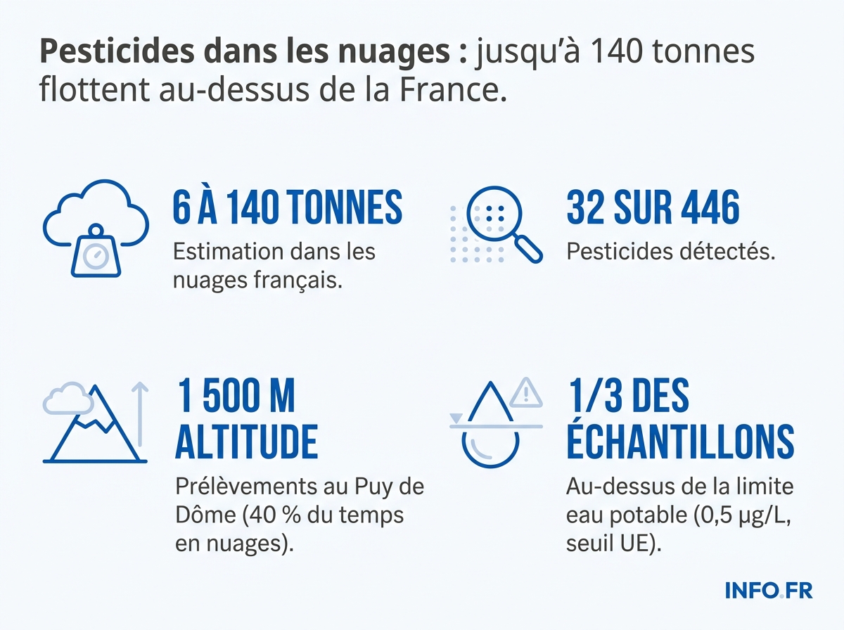 Infographie: principaux chiffres de l'étude franco-italienne sur les pesticides détectés dans les nuages au-dessus du puy de Dôme.