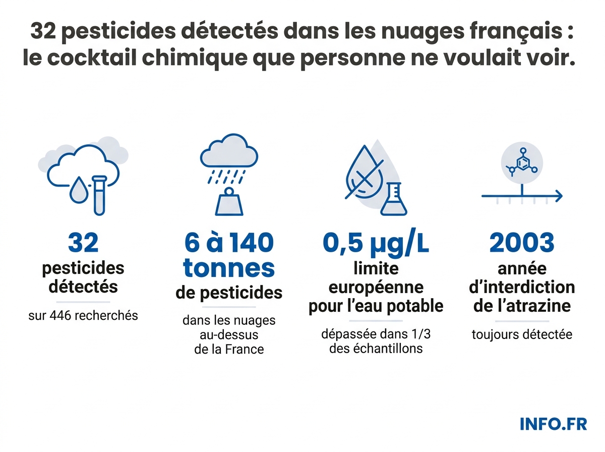 Infographie sur la détection de 32 pesticides dans les nuages français selon l'étude publiée dans Environmental Science & Technology.