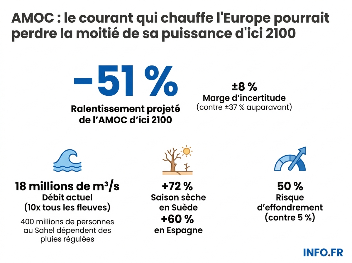 Infographie comparant l'ancienne et la nouvelle estimation du ralentissement de l'AMOC d'ici 2100 et ses conséquences régionales.