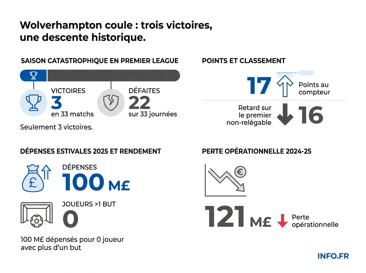 Infographie résumant la saison 2025-26 catastrophique de Wolverhampton en Premier League: 3 victoires, 22 défaites, 17 points et une crise financière majeure.
