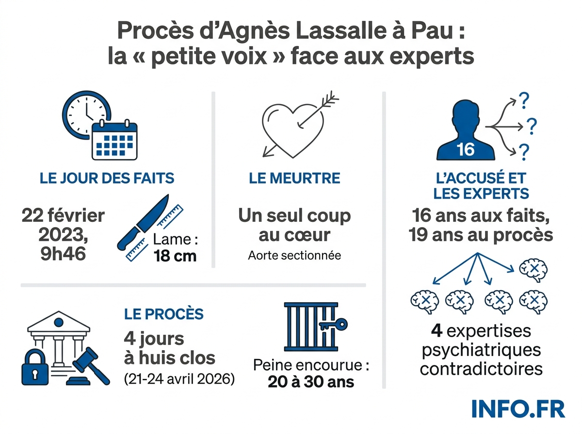 Chronologie, cadre légal et chiffres clés du procès de l'élève accusé du meurtre de la professeure Agnès Lassalle, ouvert le 21 avril 2026 devant la cour d'assises des mineurs de Pau.