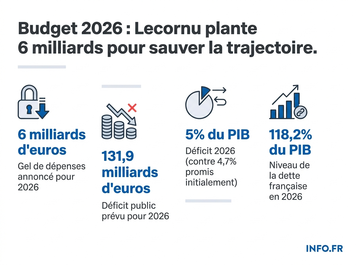 Infographie synthétisant les chiffres-clés du budget 2026 français: déficit, gels de crédits, 49.3 et coupes ministérielles.