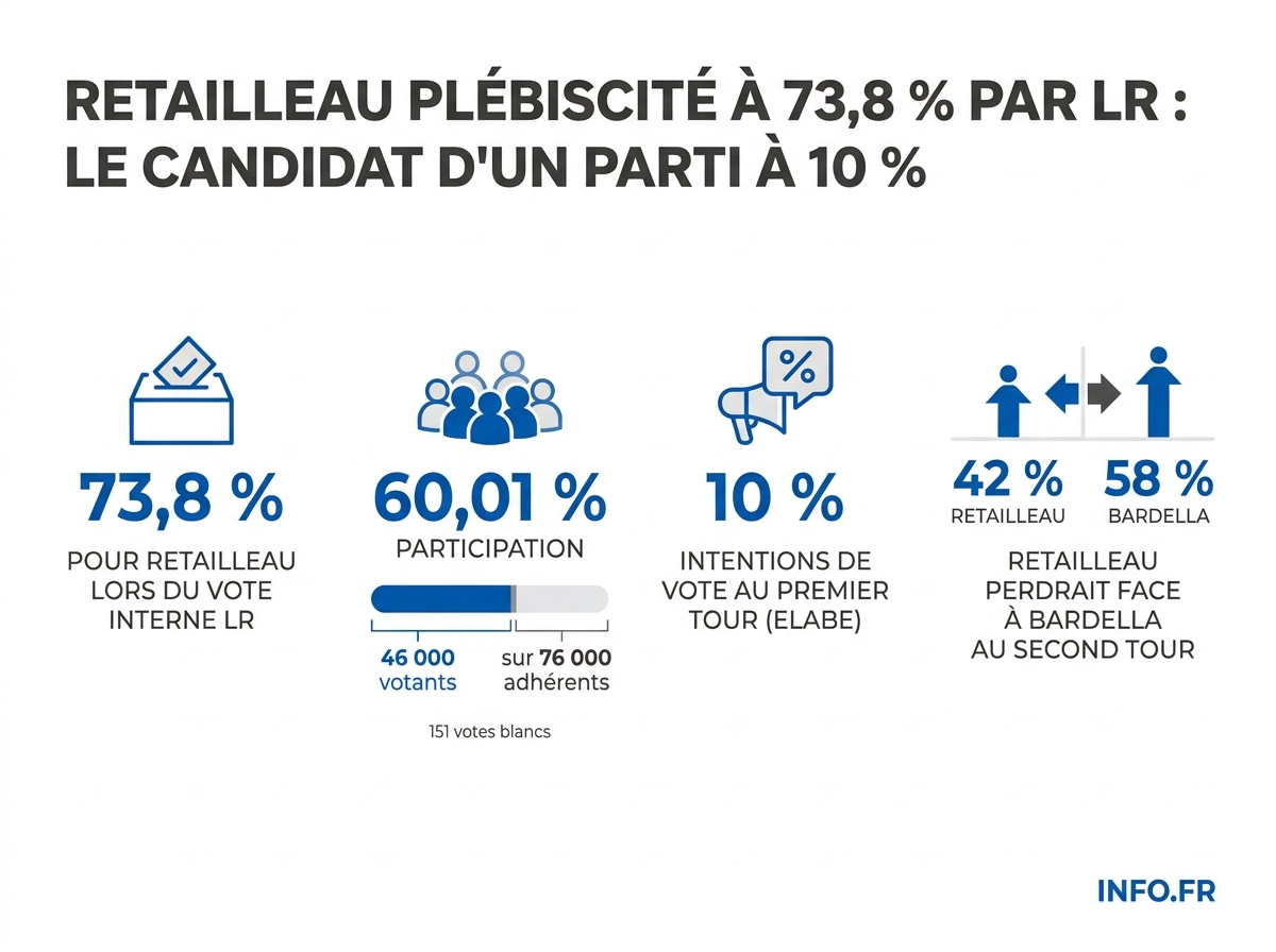 Résultats du vote interne LR du 19 avril 2026 et intentions de vote Retailleau pour la présidentielle 2027.