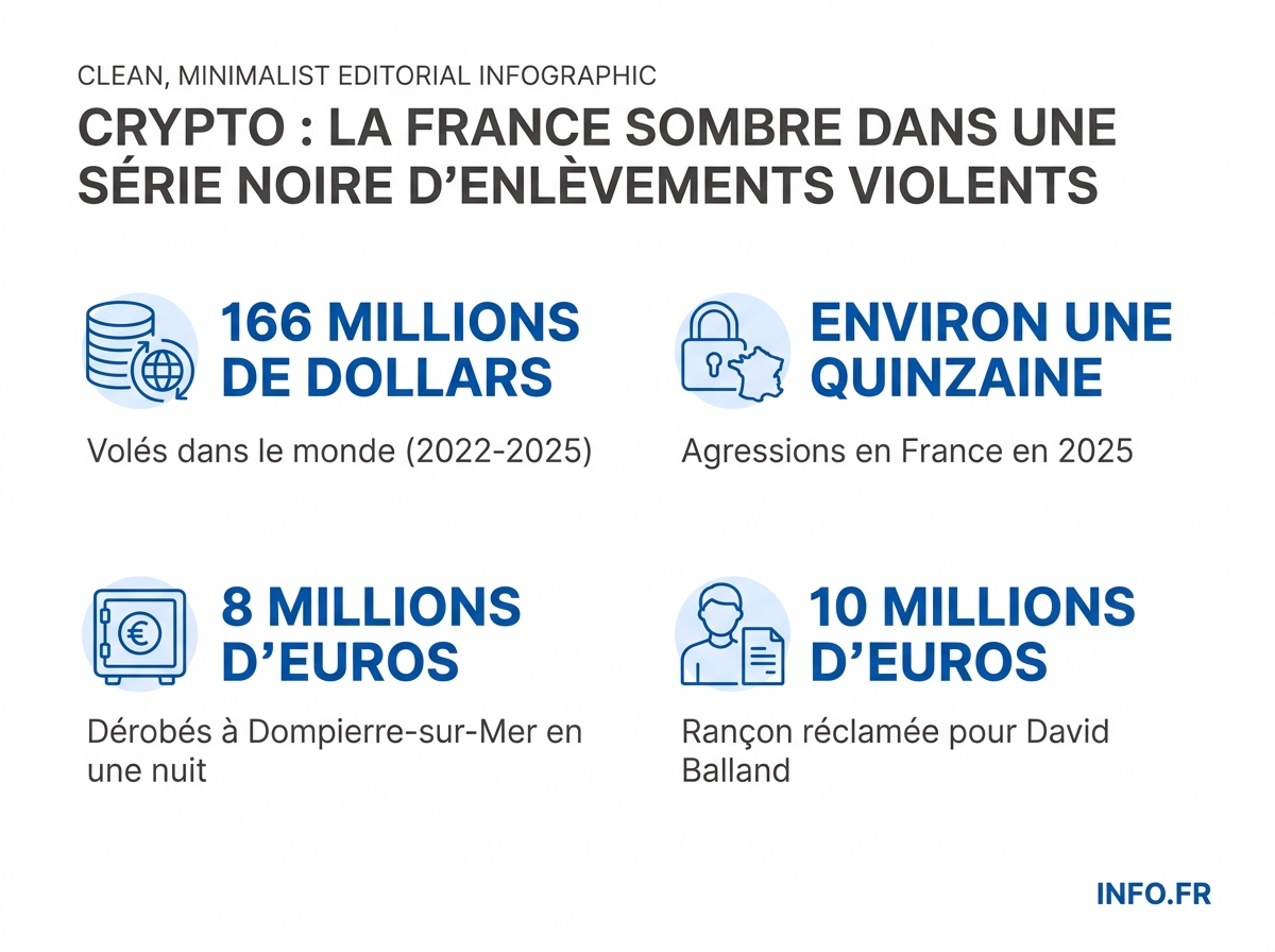 Données chiffrées de la vague d'enlèvements liés aux cryptomonnaies en France et dans le monde entre 2023 et 2026.
