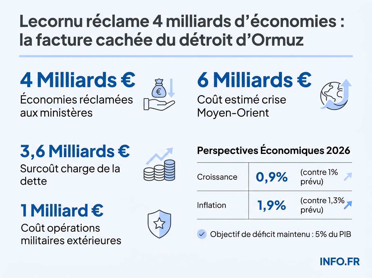Ventilation du choc budgétaire de 6 milliards d'euros imposé à la France par la crise au Moyen-Orient en 2026, et répartition des 4 milliards d'économies demandés aux ministères.