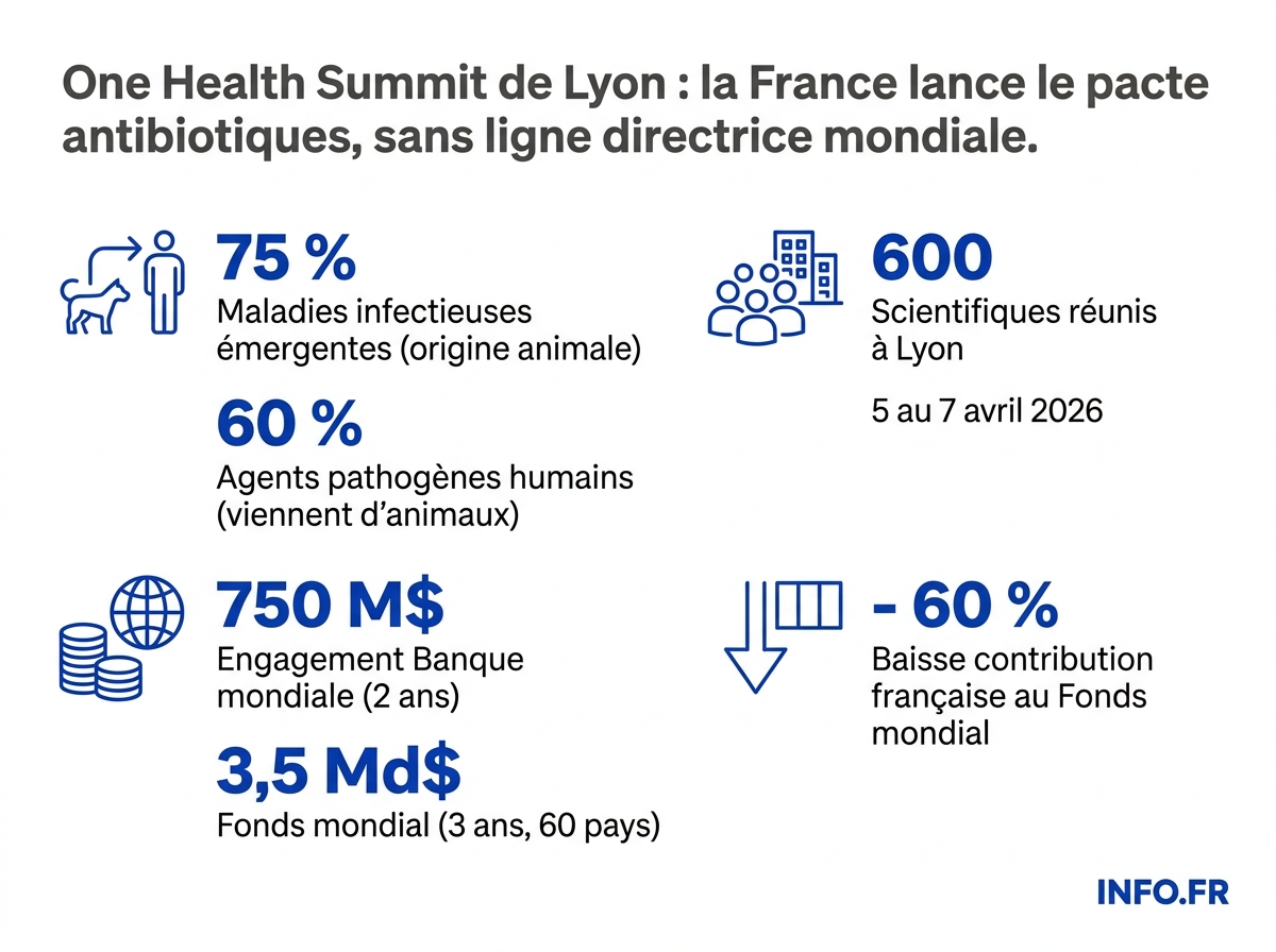 Les principaux chiffres du One Health Summit de Lyon, 5-7 avril 2026: origine animale des maladies (deux périmètres distincts), nombre de scientifiques, engagements financiers internationaux et coupe française.