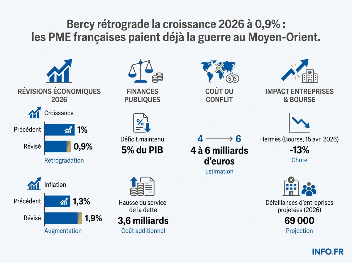 Tableau des prévisions économiques françaises 2026 révisées par Bercy face au conflit au Moyen-Orient