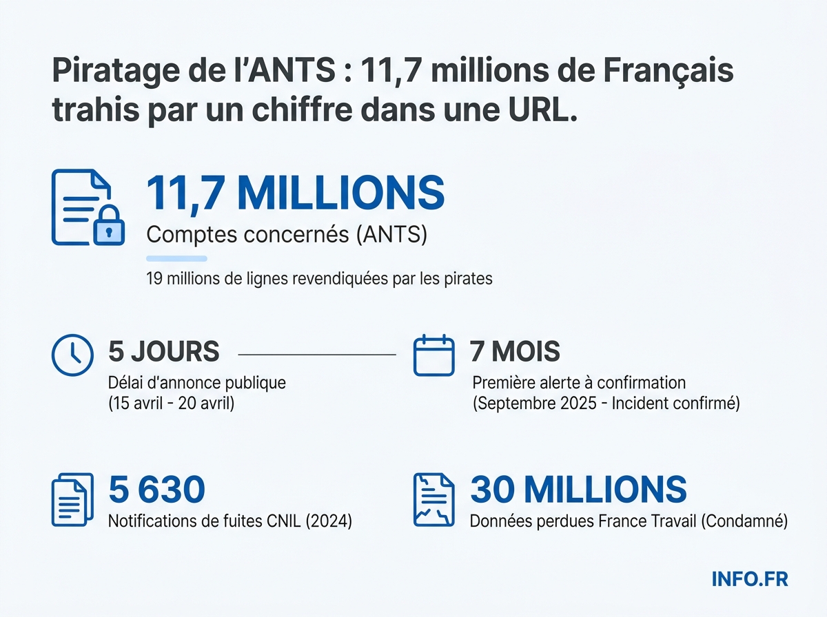 Chronologie et chiffres clés de la fuite de données de l'ANTS d'avril 2026, affectant 11,7 millions de comptes français.