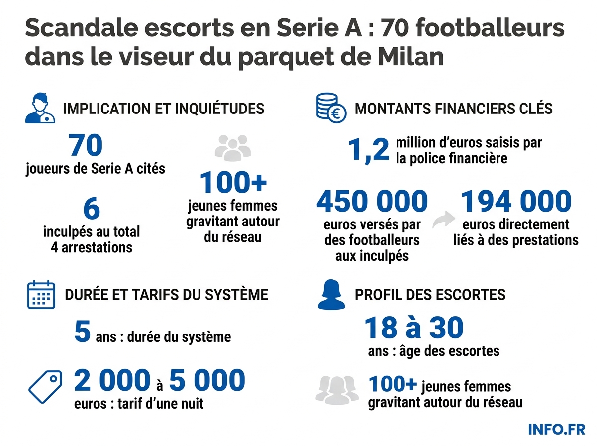 Infographie détaillant les chiffres de l'enquête du parquet de Milan sur l'agence Ma.De Luxury Concierge.