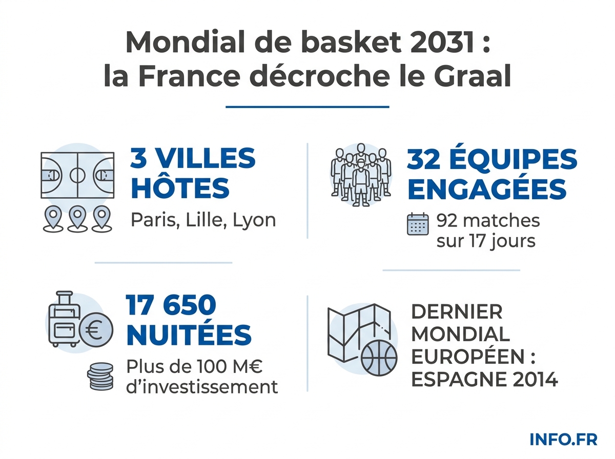 Infographie des chiffres-clés de la Coupe du monde de basket 2031 attribuée à la France par la FIBA.