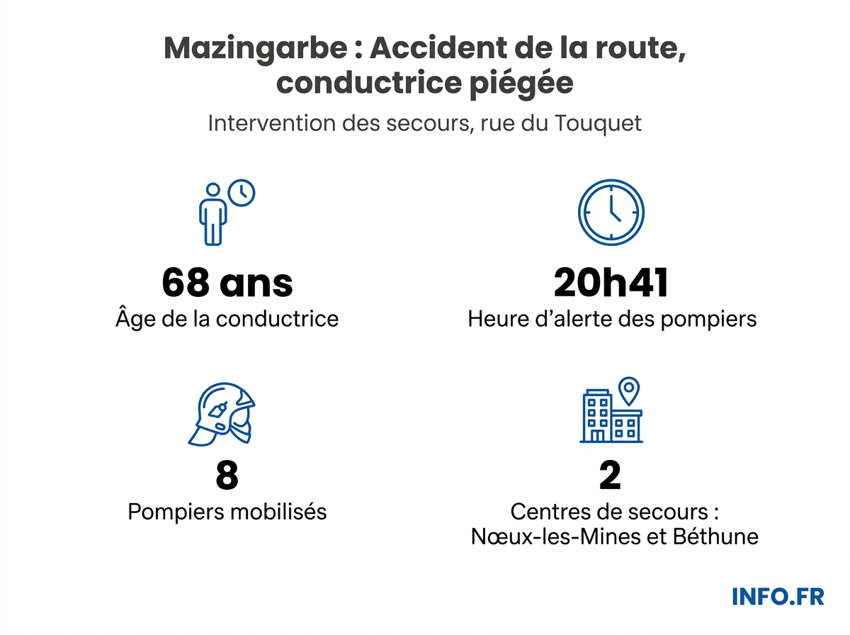 Infographie des données clés de l'accident de la route survenu rue du Touquet à Mazingarbe le 18 avril 2026.
