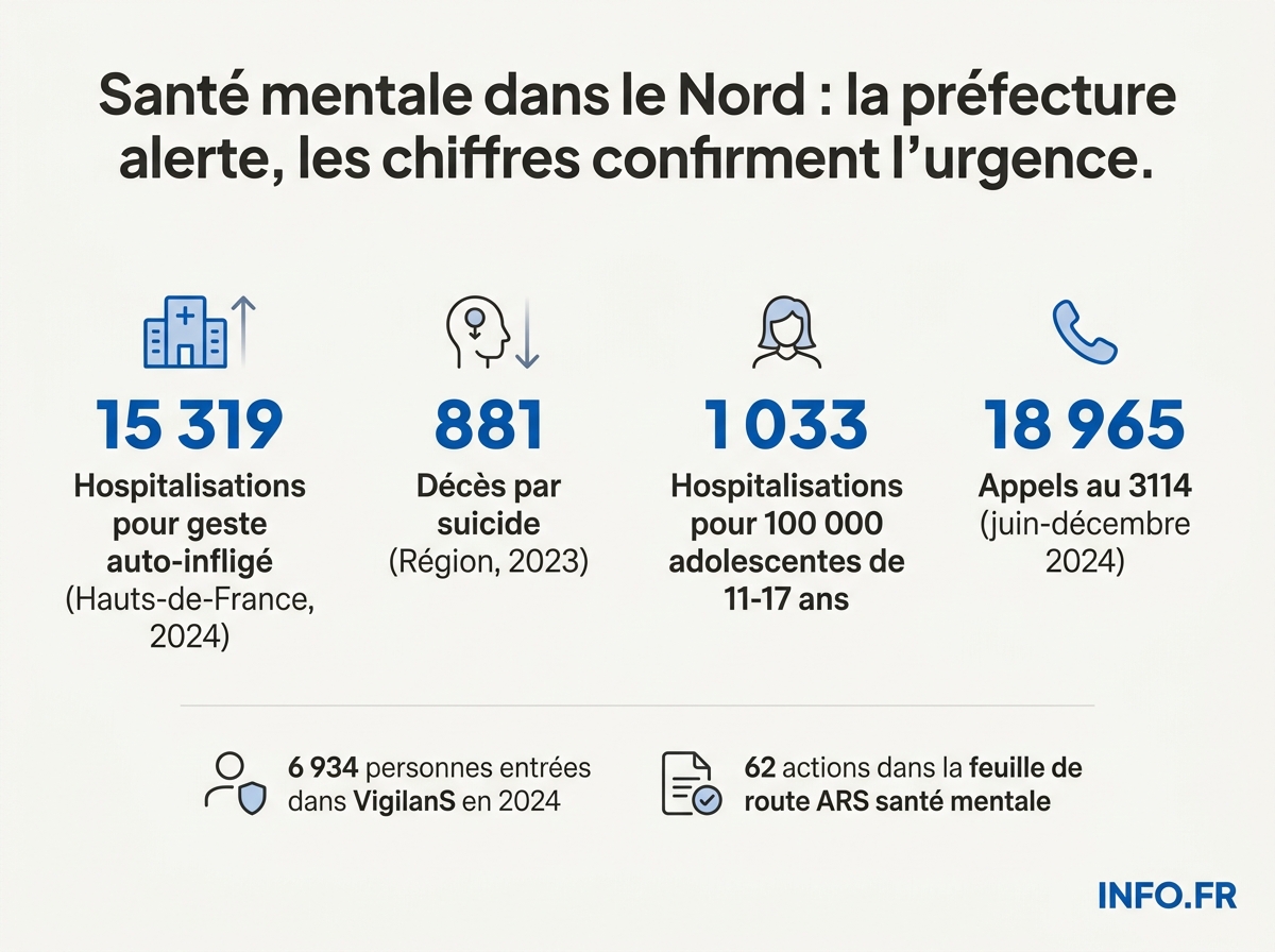 Chiffres clés de la santé mentale en Hauts-de-France en 2024: hospitalisations, décès, appels au 3114 et dispositifs régionaux.