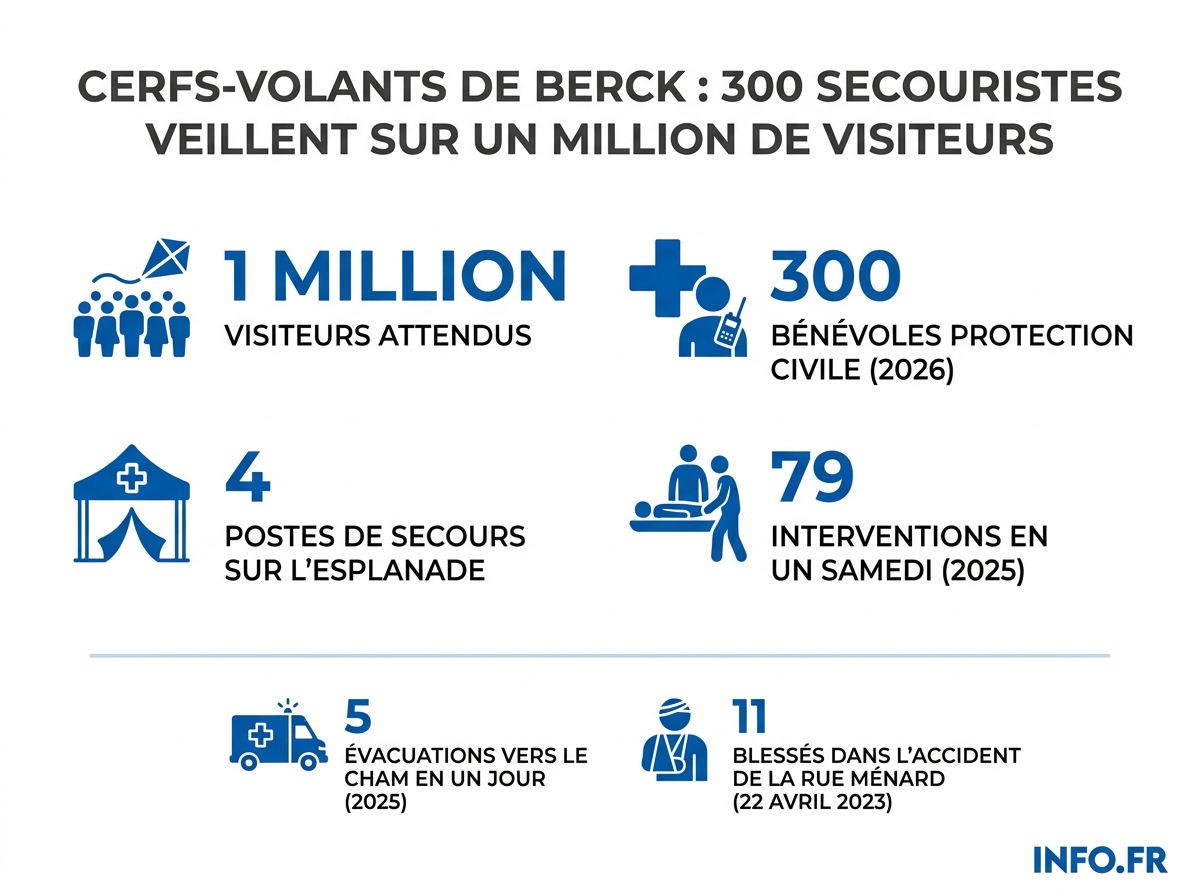 Dispositif de sécurité déployé sur les Rencontres internationales de cerfs-volants de Berck-sur-Mer 2026.