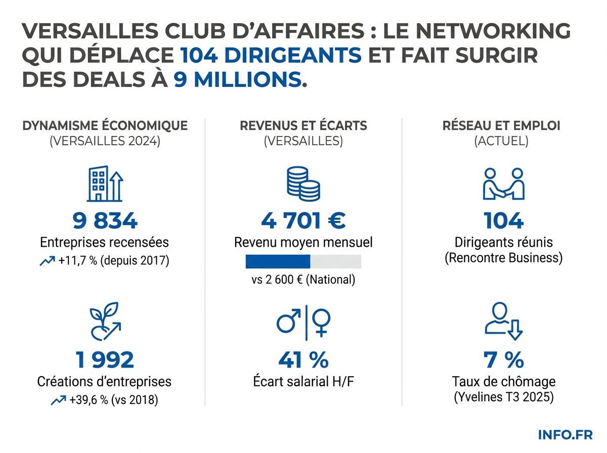 Données clés de l'écosystème économique versaillais en 2024-2025: entreprises, revenus, chômage et mobilisation du Versailles Club d'Affaires.