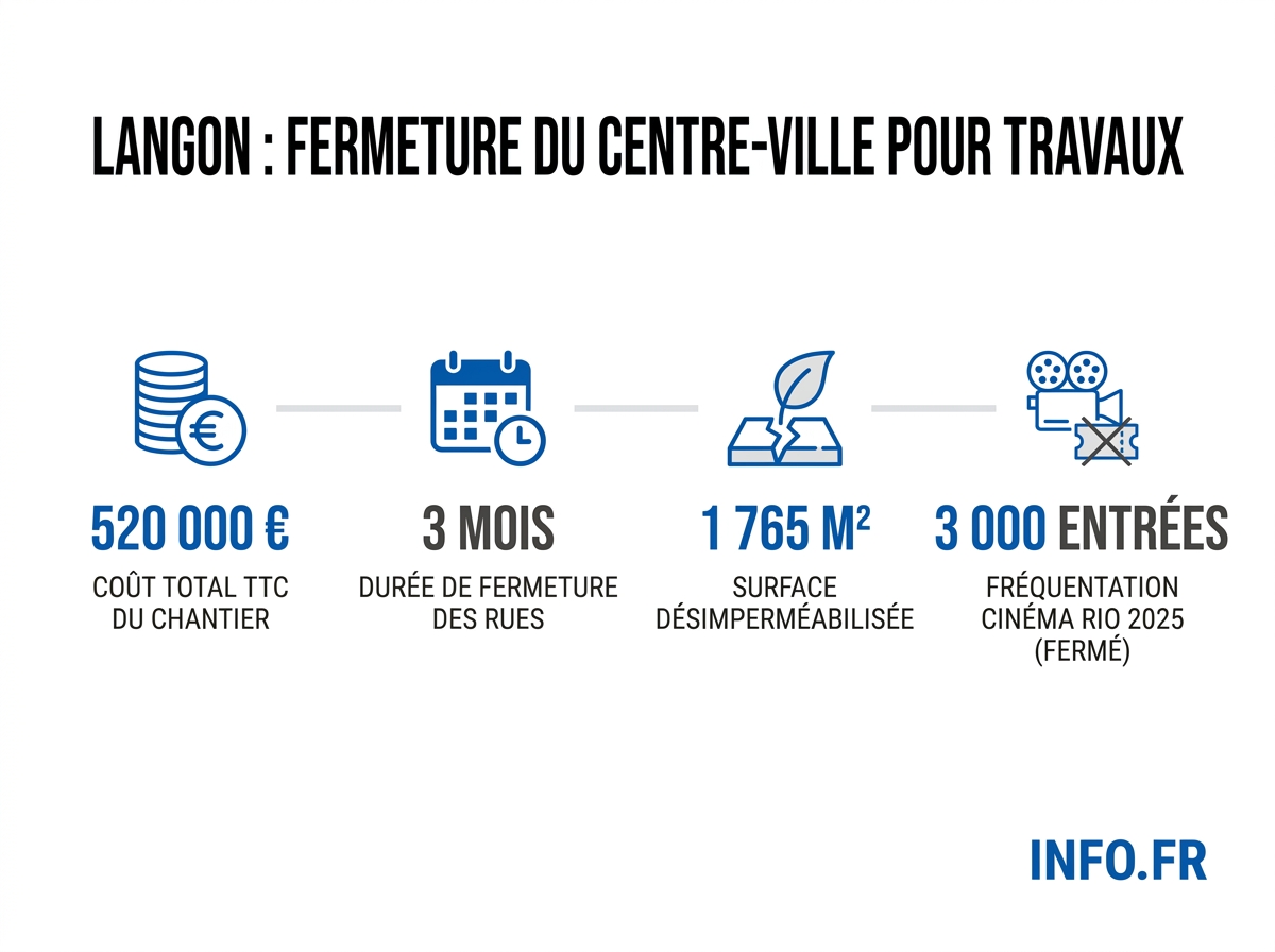 Les chiffres clés du chantier du centre-ville de Langon: coût, durée, surface et contexte commercial.