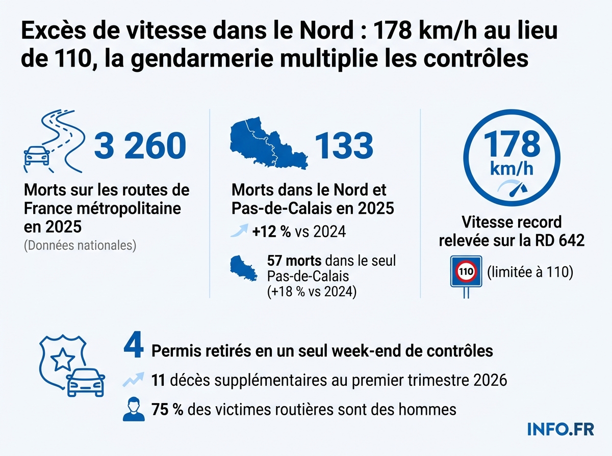 Bilan chiffré de la mortalité routière dans le Nord et le Pas-de-Calais en 2025 et des contrôles de vitesse de février 2026.