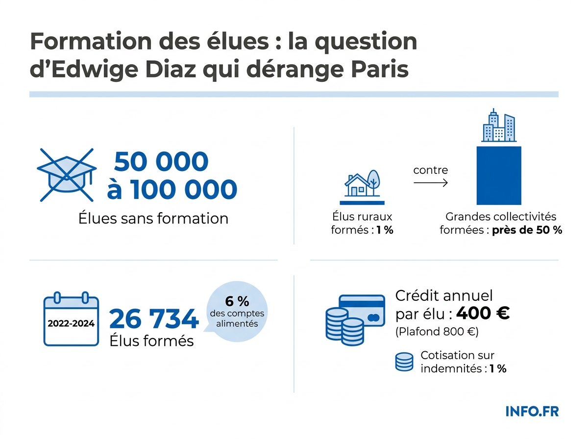 Infographie sur la formation des élus locaux en France: chiffres du DIF, disparités rurales et urbaines, cotisation et plafond.
