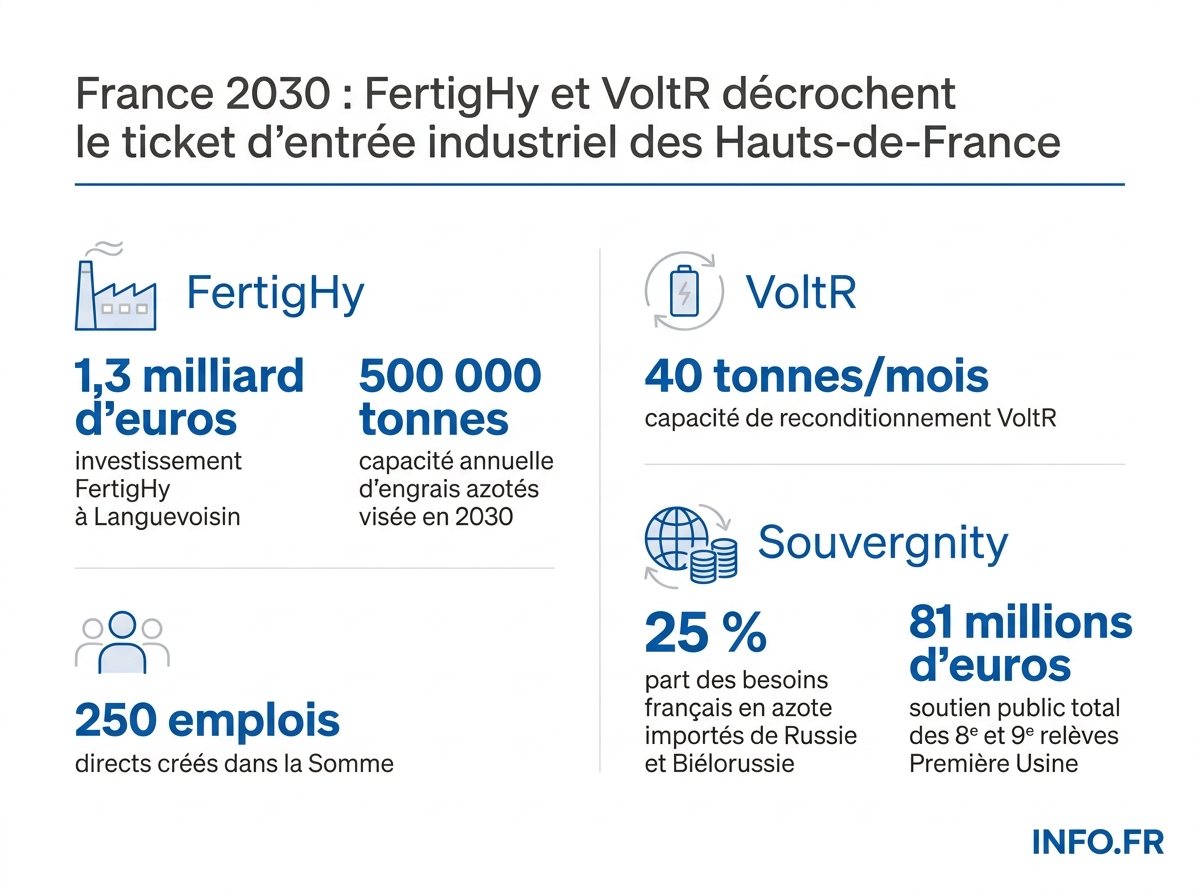 Infographie comparant les deux projets lauréats FertigHy et VoltR dans les Hauts-de-France, avec leurs montants d'investissement, capacités de production et impact sur la dépendance industrielle française.