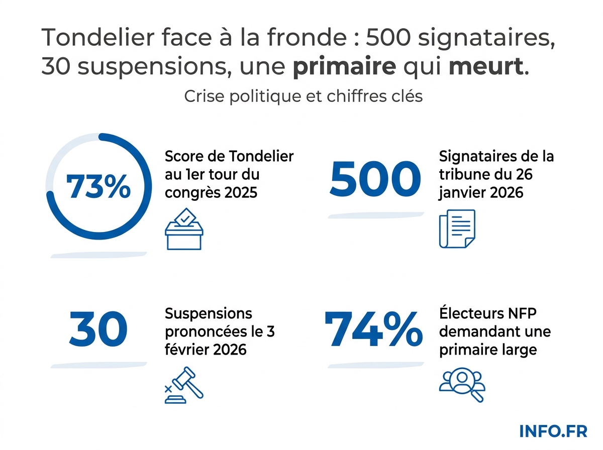 Infographie: chiffres clés de la crise des Écologistes entre le congrès d'avril 2025 et la fronde de janvier-février 2026.