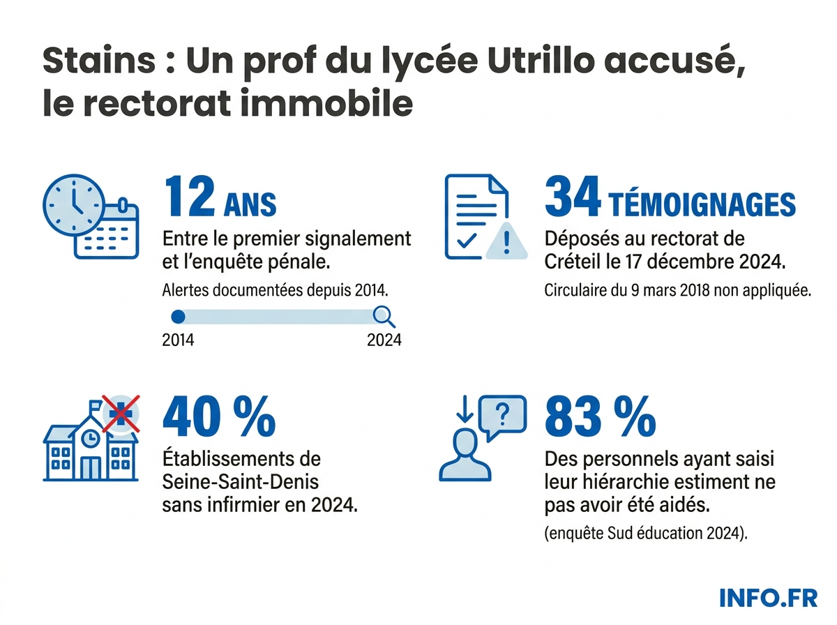 Chronologie des signalements au lycée Maurice-Utrillo de Stains, de 2014 à l'enquête pénale ouverte en novembre 2025.