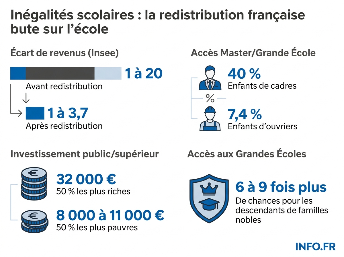 Infographie comparant l'efficacité de la redistribution monétaire française et la persistance des inégalités d'accès aux diplômes selon l'origine sociale.