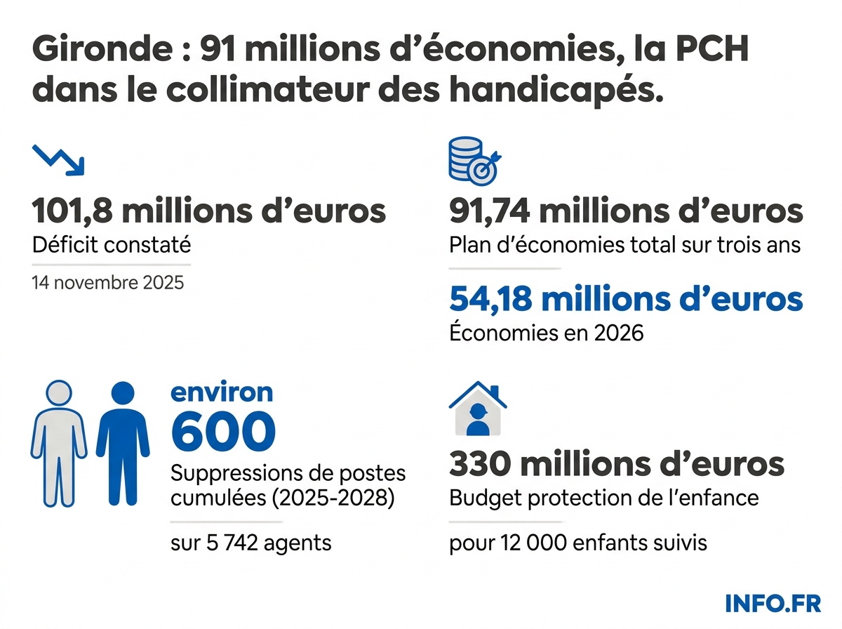 Répartition du plan d'économies de 91,74 millions d'euros adopté par le Conseil départemental de la Gironde le 1er décembre 2025.