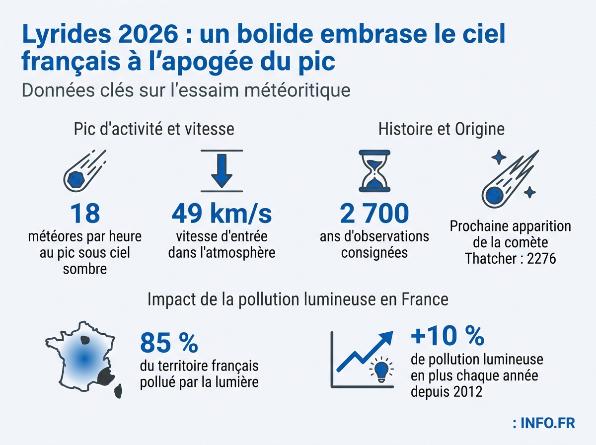 Les chiffres clés des Lyrides 2026, de la comète Thatcher et de la pollution lumineuse en France, sources NASA, IMO, revue Science, Muséum national d'histoire naturelle.