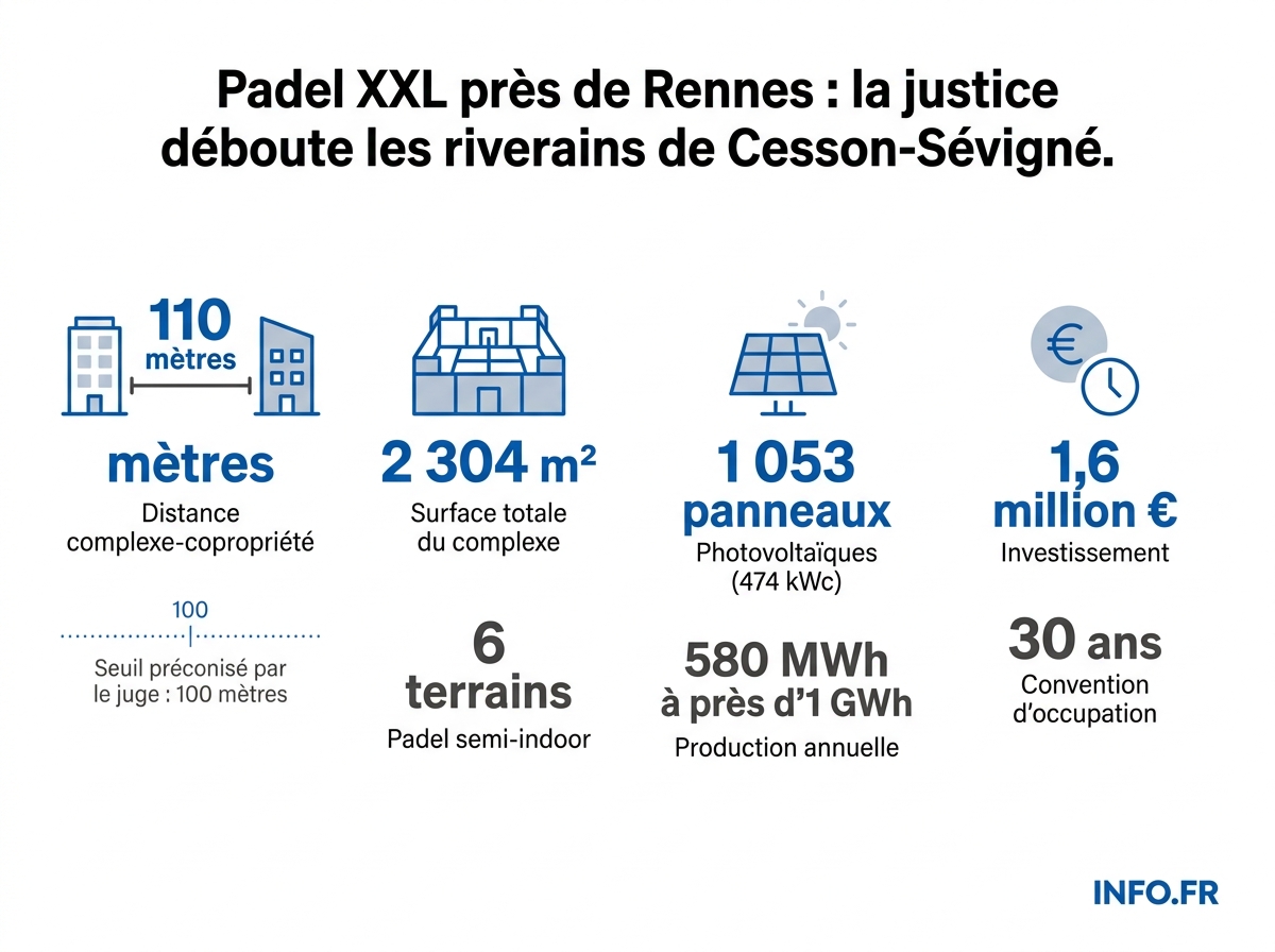 Chiffres clés du complexe de padel solaire de Cesson-Sévigné et du référé rejeté par le tribunal administratif de Rennes le 8 avril 2026.
