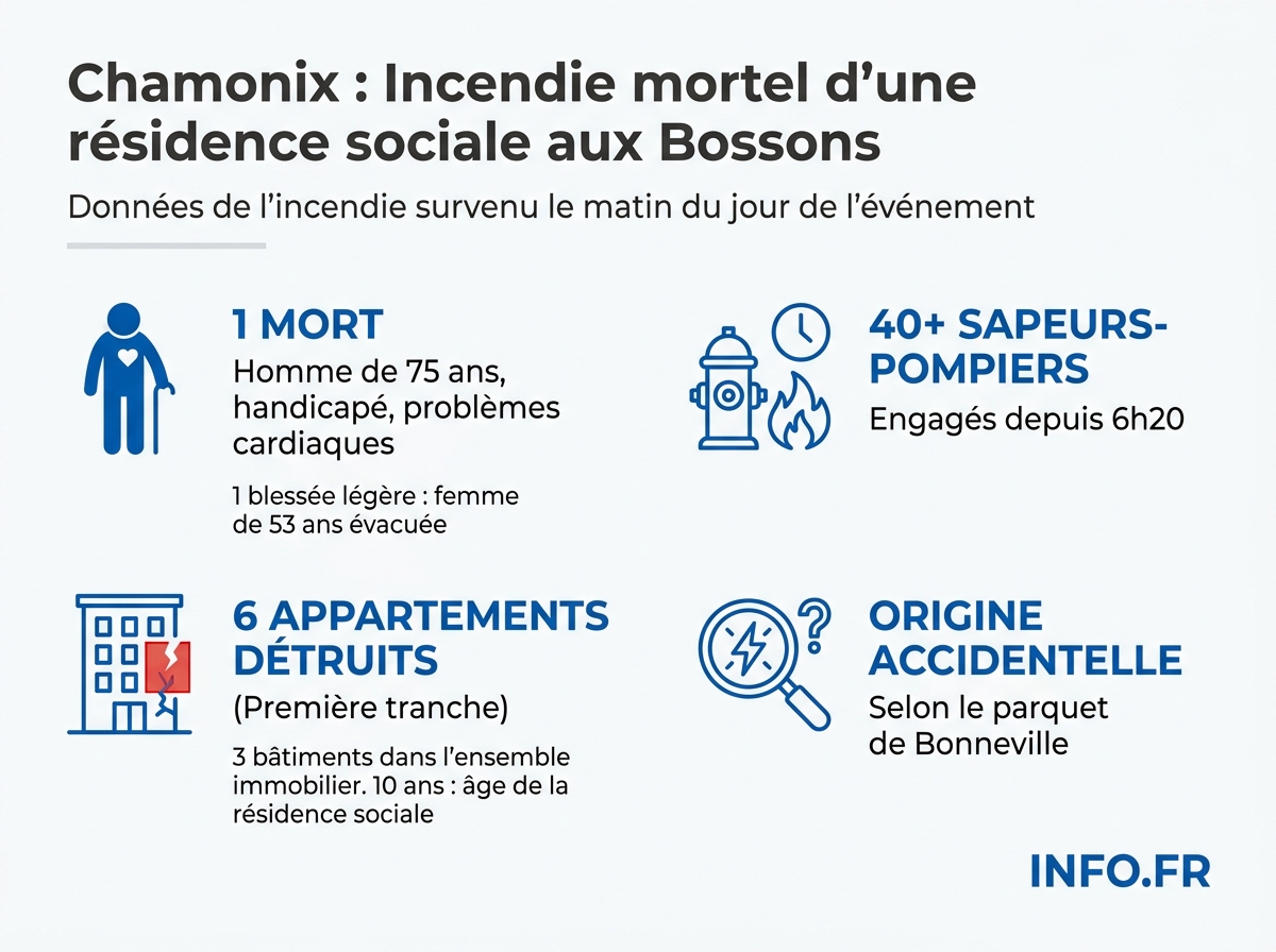 Bilan de l'incendie de la résidence sociale des Tissières à Chamonix-Mont-Blanc le 22 avril 2026: un mort, une blessée, six logements détruits.