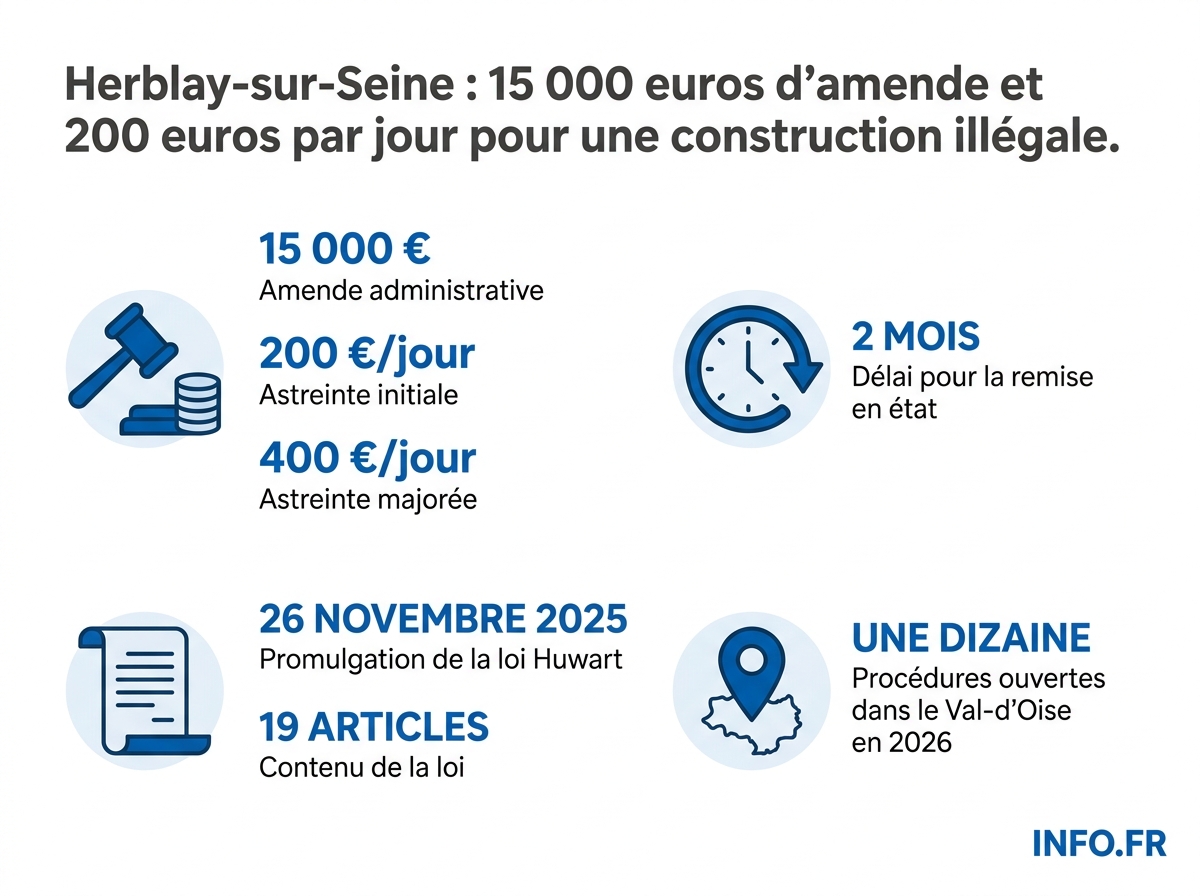 Répartition des sanctions prononcées par le préfet du Val-d'Oise contre une construction illégale à Herblay-sur-Seine en application de la loi Huwart de novembre 2025.