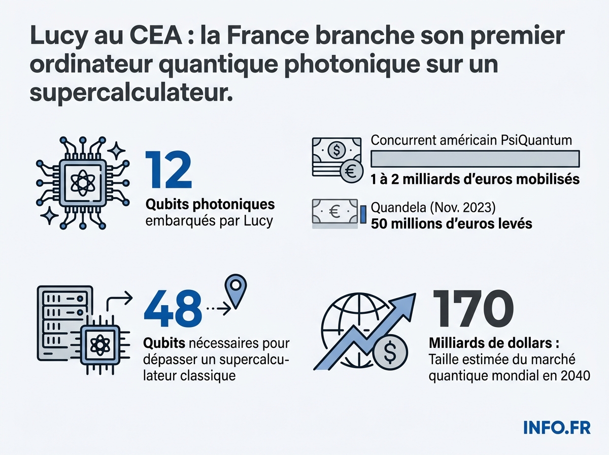 Infographie comparant les caractéristiques de l'ordinateur quantique photonique Lucy, les financements de Quandela et les benchmarks du secteur quantique mondial.