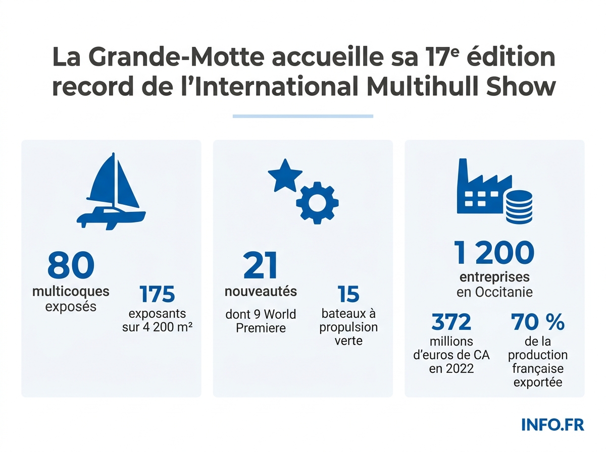 Chiffres-clés de l'International Multihull Show 2026 à La Grande-Motte et de la filière nautique en Occitanie.
