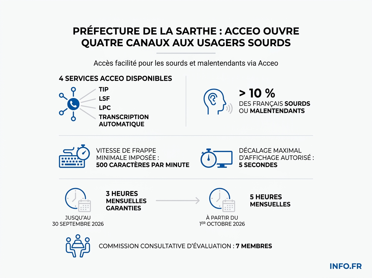 Infographie présentant les quatre canaux Acceo déployés à la préfecture de la Sarthe et les seuils réglementaires issus du décret du 9 mai 2017.