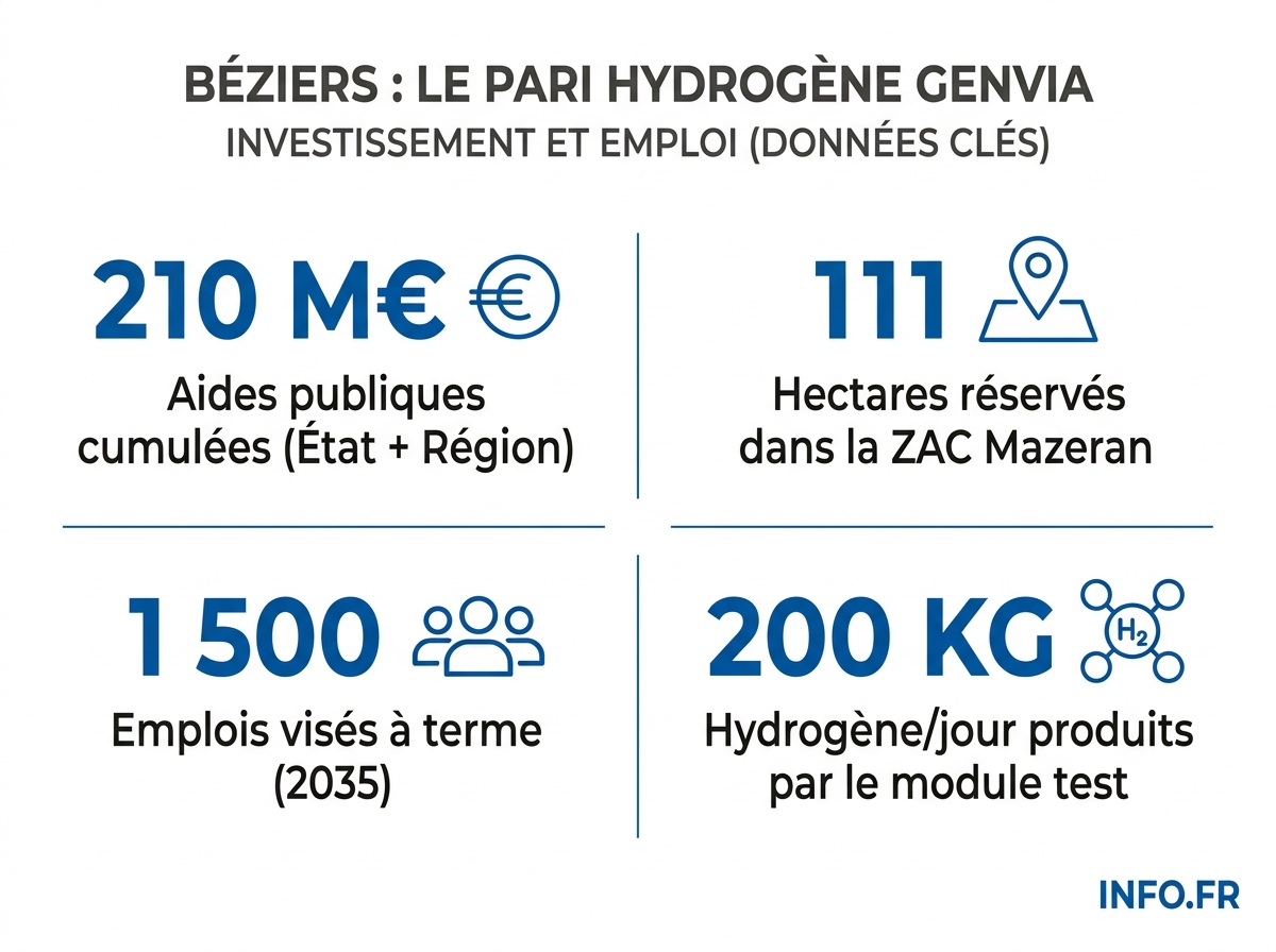 Infographie sur le projet Genvia à Béziers: aides publiques, foncier, emplois et retard européen sur l'hydrogène vert.