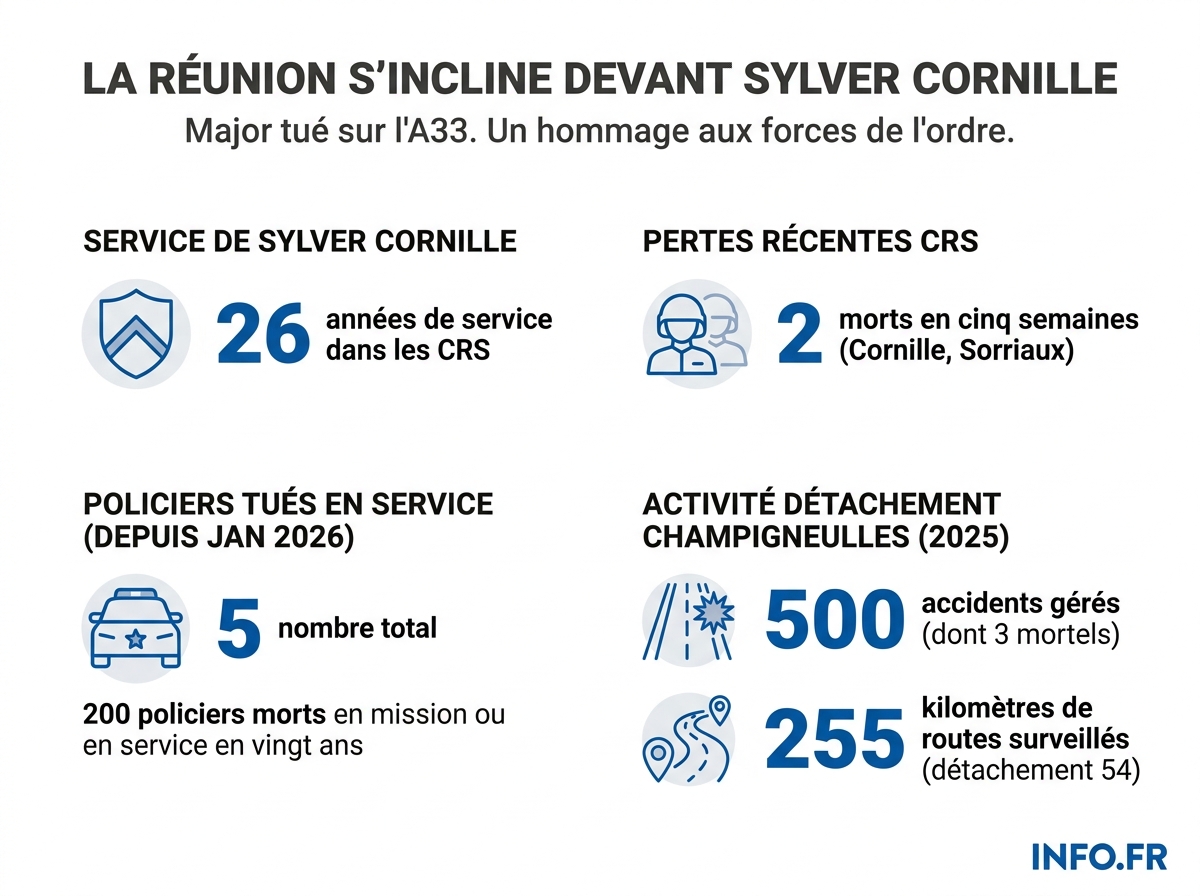 Infographie sur les décès de policiers en service et la sinistralité des unités CRS autoroutières en 2025-2026.