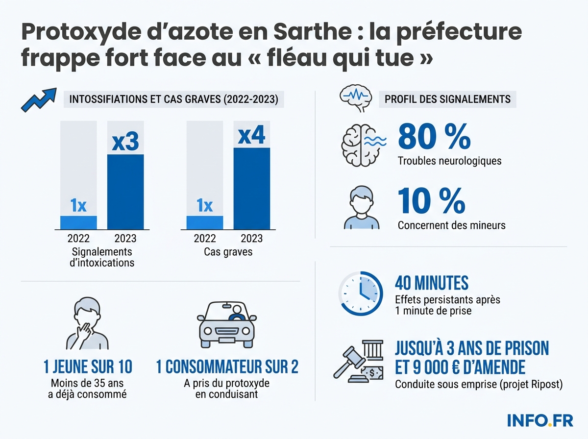 Infographie sur l'explosion des intoxications au protoxyde d'azote en France et les sanctions prévues par le projet de loi Ripost, en complément de la loi Bournazel de 2021.