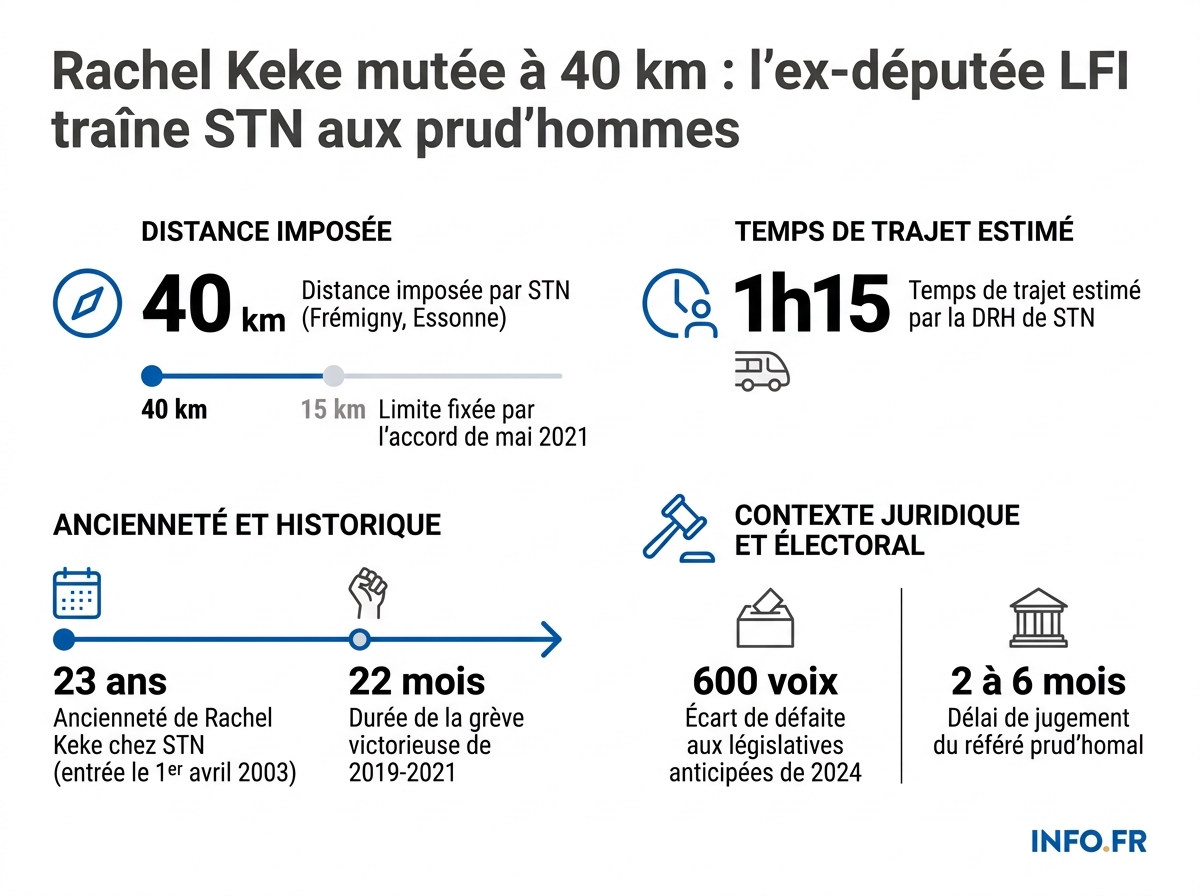 Comparaison entre l'accord signé en 2021 (15 km) et la mutation imposée en 2026 (40 km) à l'ex-députée LFI Rachel Keke.