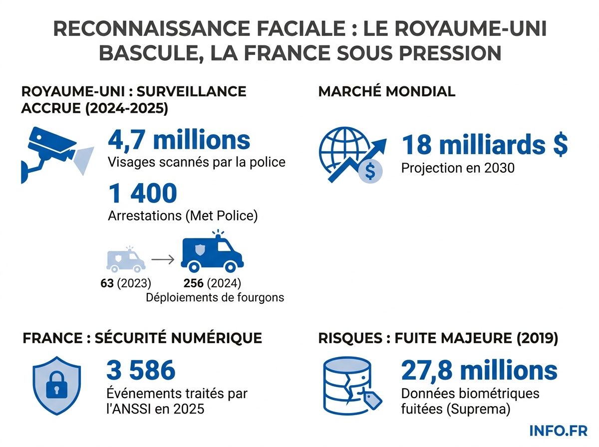 Chiffres clés du déploiement britannique de la reconnaissance faciale et des risques cyber associés à la biométrie en 2024-2025.