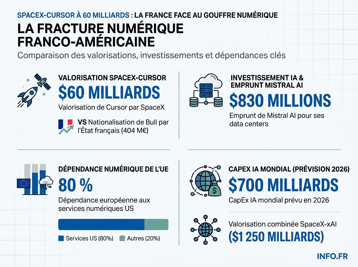 Comparaison des montants engagés dans l'IA entre SpaceX-xAI, Mistral et la France en 2026.