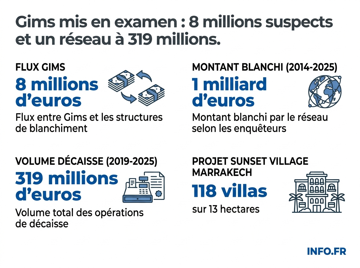 Chiffres clés de l'enquête sur le réseau international de blanchiment impliquant le chanteur Gims.