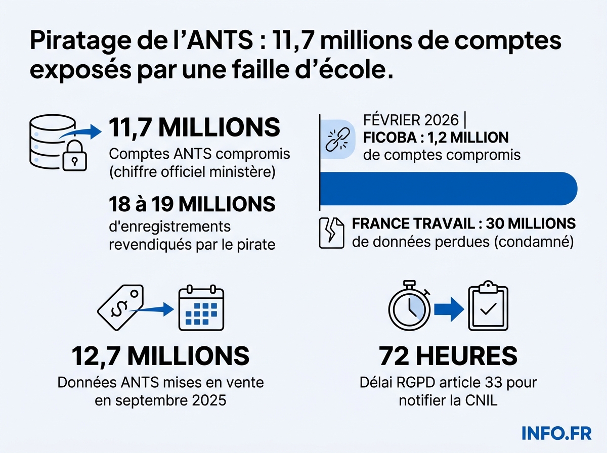 Chiffres clés du piratage ANTS du 15 avril 2026, précédents récents et cadre pénal applicable.