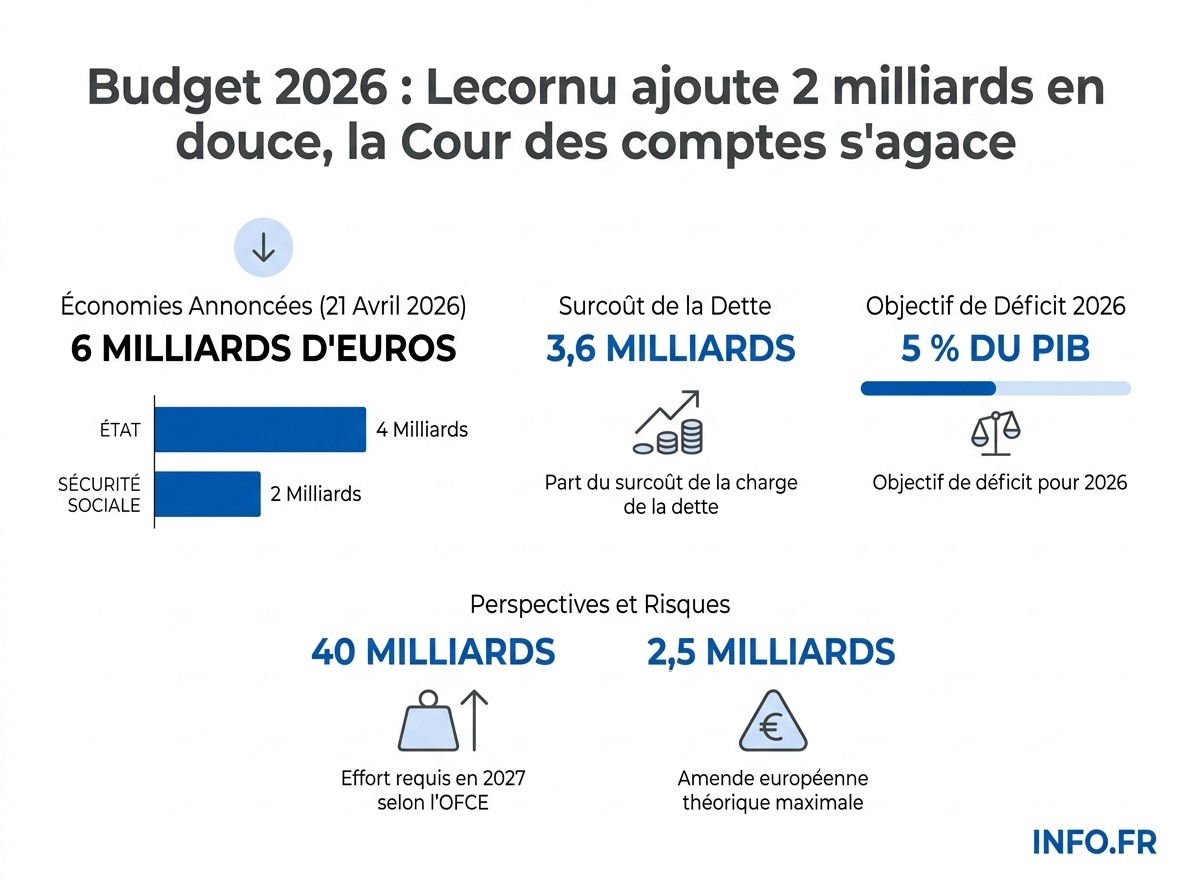 Répartition des 6 milliards d'euros d'économies annoncés par Sébastien Lecornu le 21 avril 2026 et trajectoire budgétaire française jusqu'en 2029.