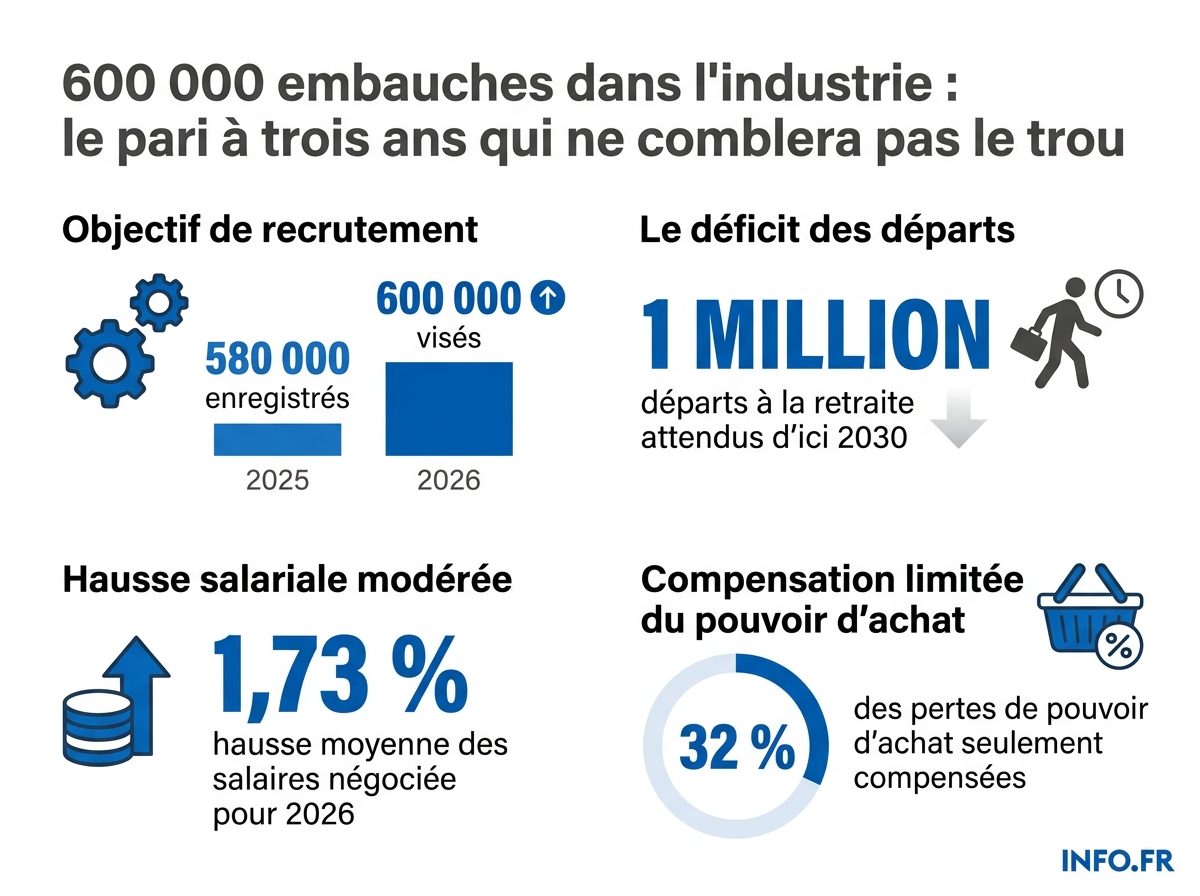Infographie comparant l'objectif de 600 000 embauches industrielles 2026 aux chiffres des intentions d'embauche nationales et du pouvoir d'achat des ménages français.