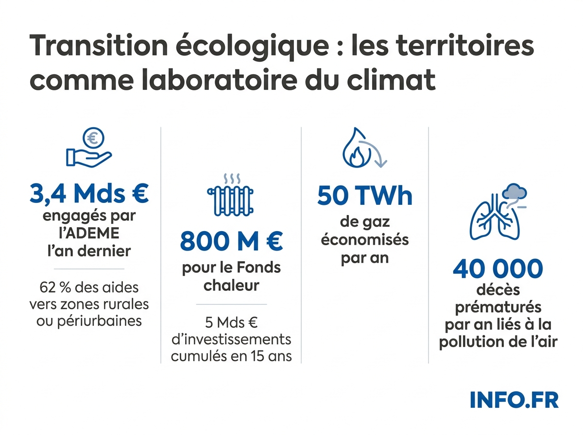 Infographie détaillant les moyens financiers et humains de l'ADEME pour la transition écologique des territoires français.