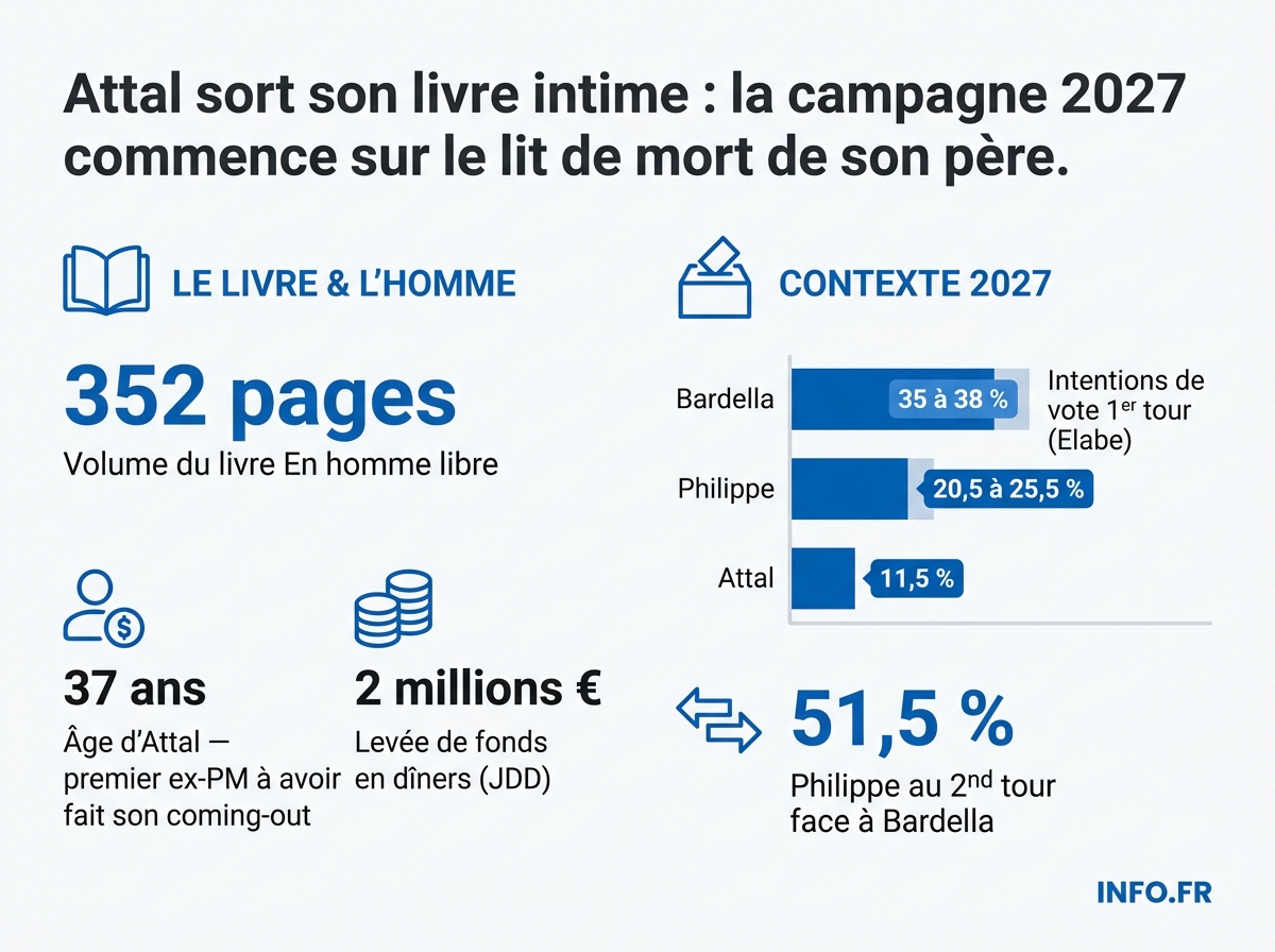 Comparatif des intentions de vote à la présidentielle 2027 entre Attal, Philippe, Glucksmann, Mélenchon et Bardella selon le sondage Elabe de mars 2026.
