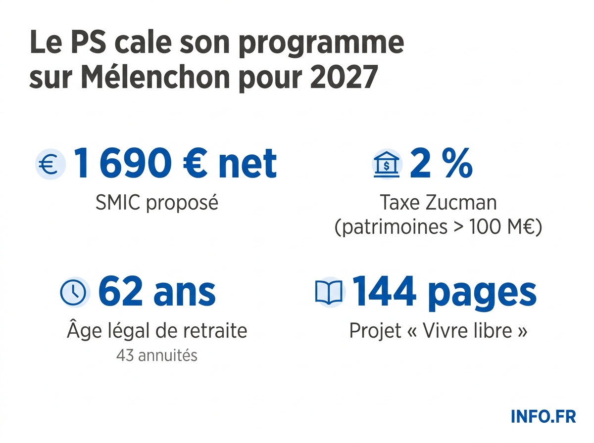 Les chiffres clés du projet programmatique « Vivre libre » du Parti socialiste pour la présidentielle 2027, mis en regard de l'état du parti.